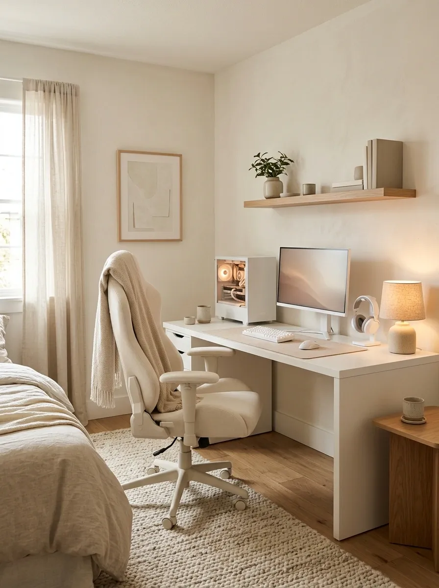 Soft Cream Gaming Nook With Textured Furnishings