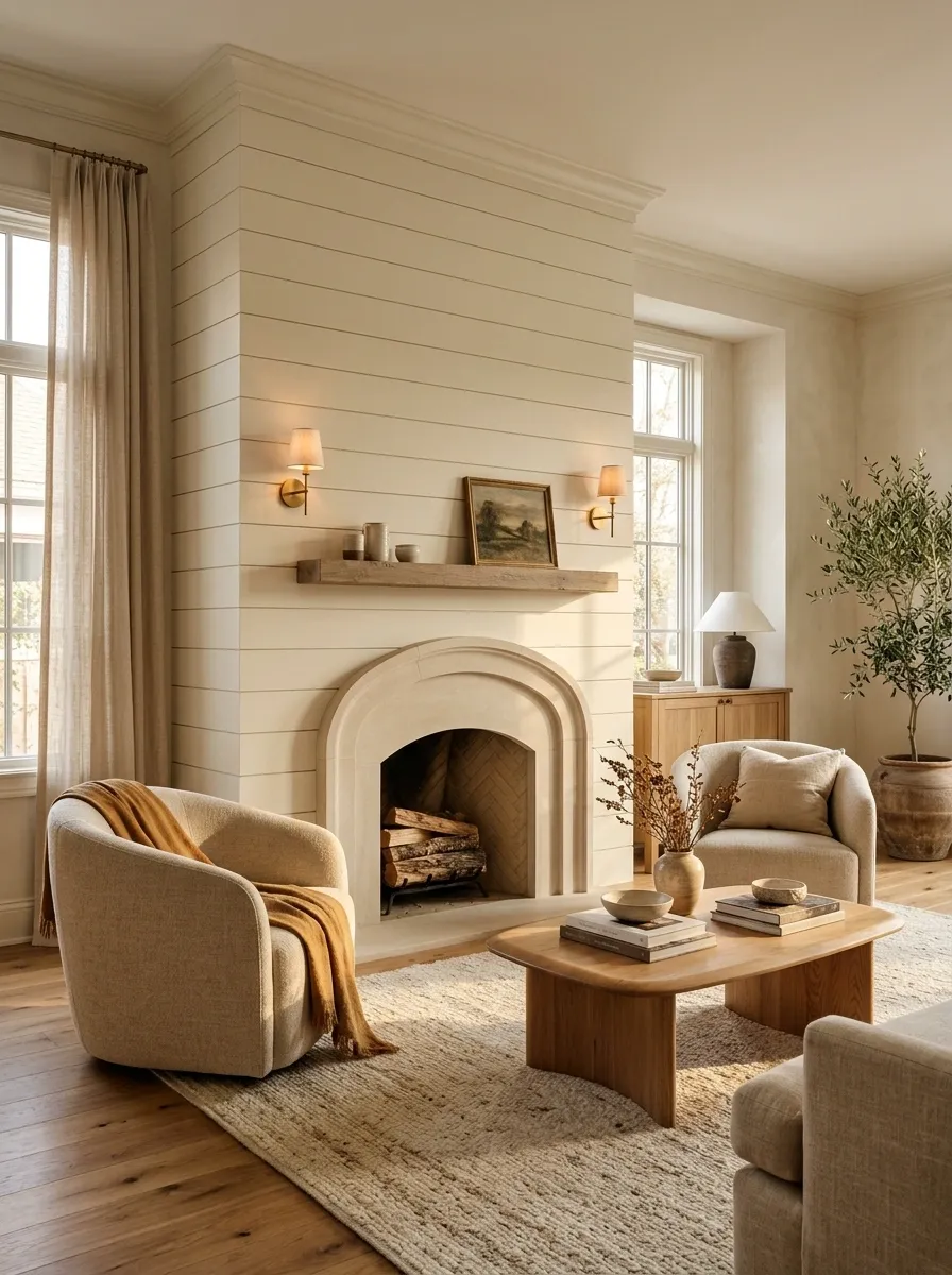 Soft Cream Shiplap With an Arched Fireplace Opening