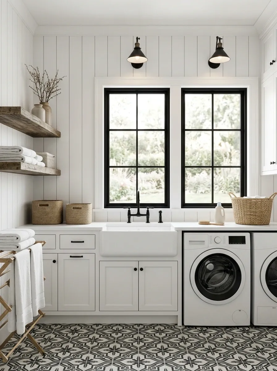 Soft Farmhouse Laundry Room With Black Windows and White Shiplap