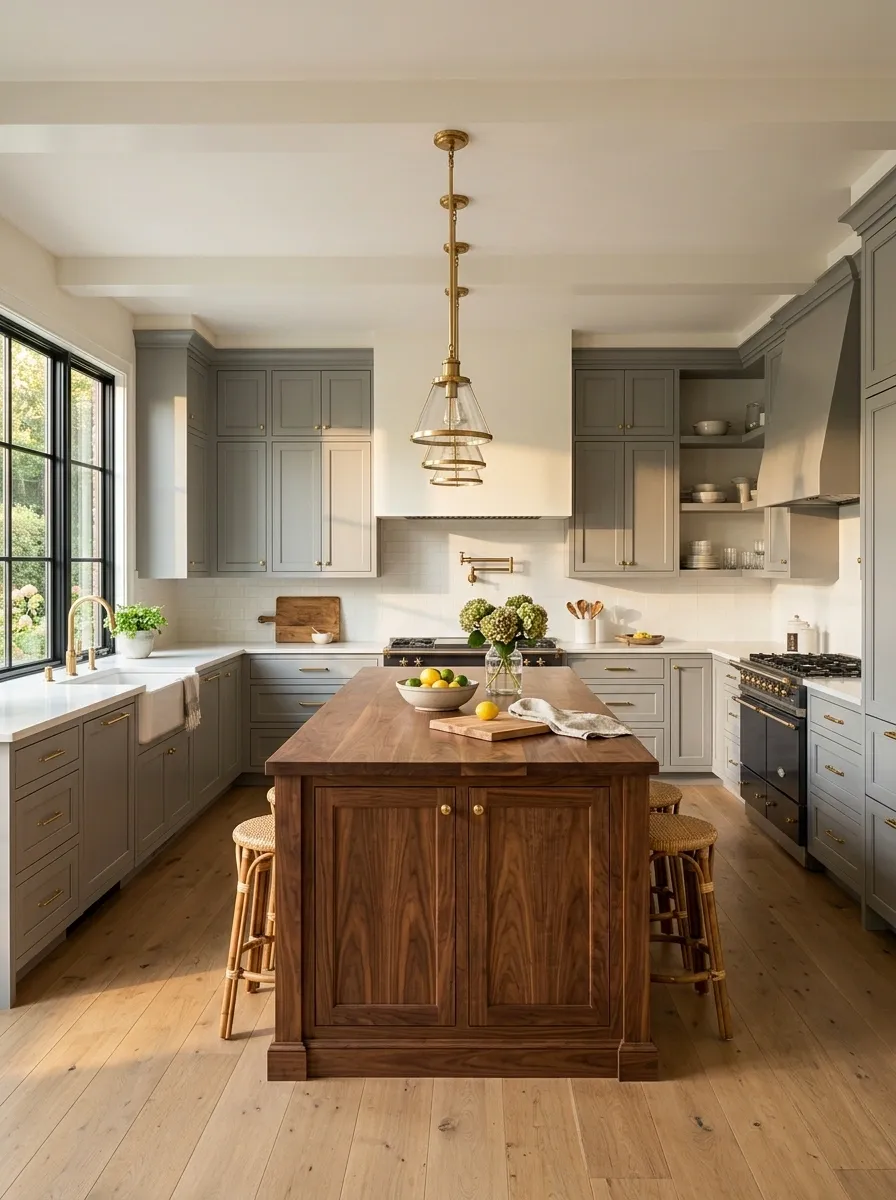 Soft Gray Cabinets With a Walnut Island