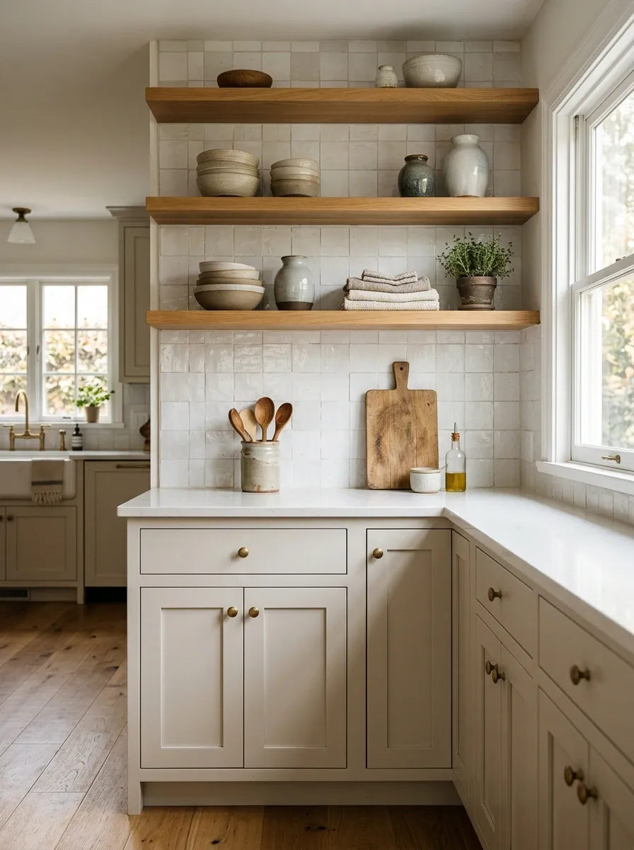 Soft Gray Cabinets With a White Cottage-Style Backsplash