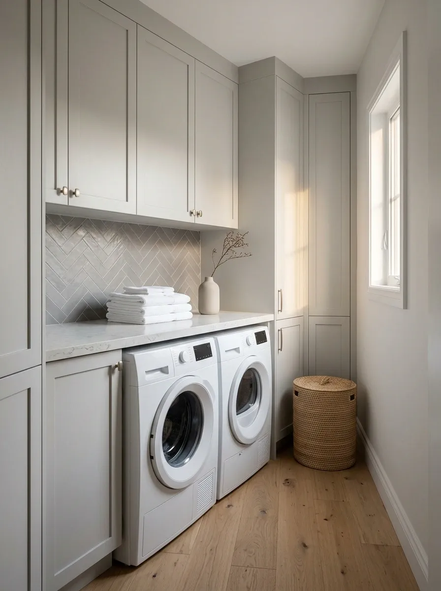 Soft Gray Laundry Room With Tonal Finishes