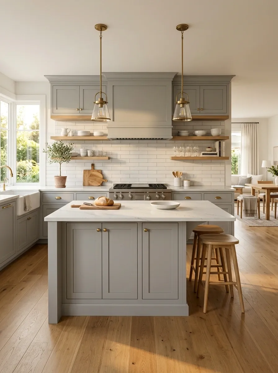 Soft Gray Shaker Cabinets With Warm Oak