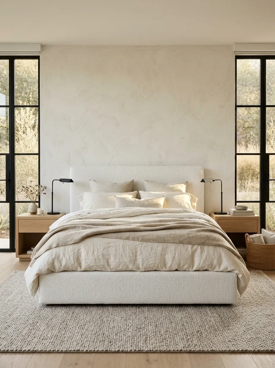 Soft Industrial Bedroom With Black Steel and White Boucle