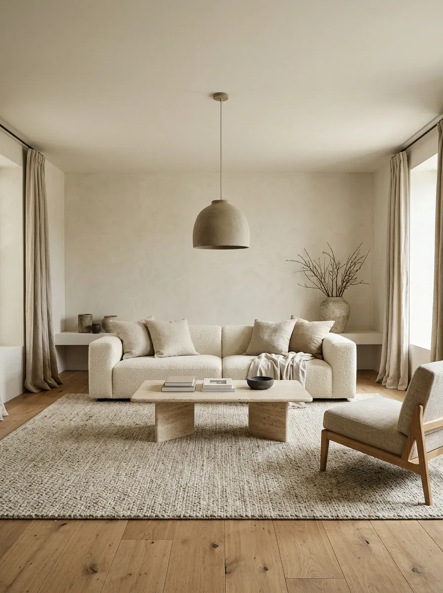 Soft Ivory Ceiling in a Limestone-Inspired Minimalist Room