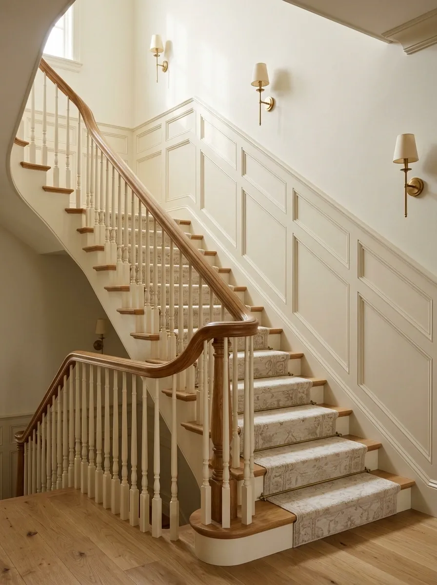 Soft Ivory Paneling With a Curved Timber Handrail