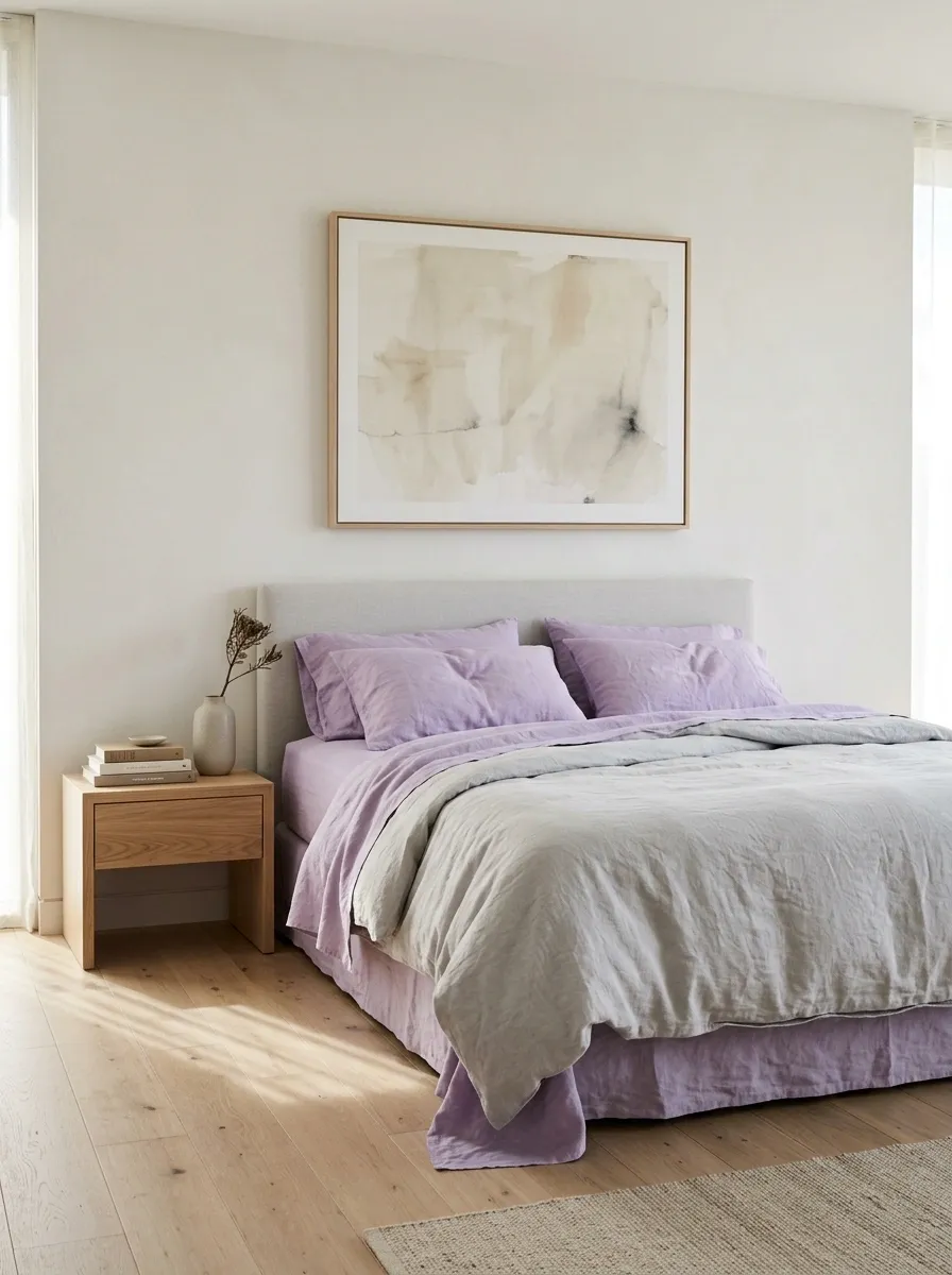 Soft Lavender Bedding With Pale Gray and White
