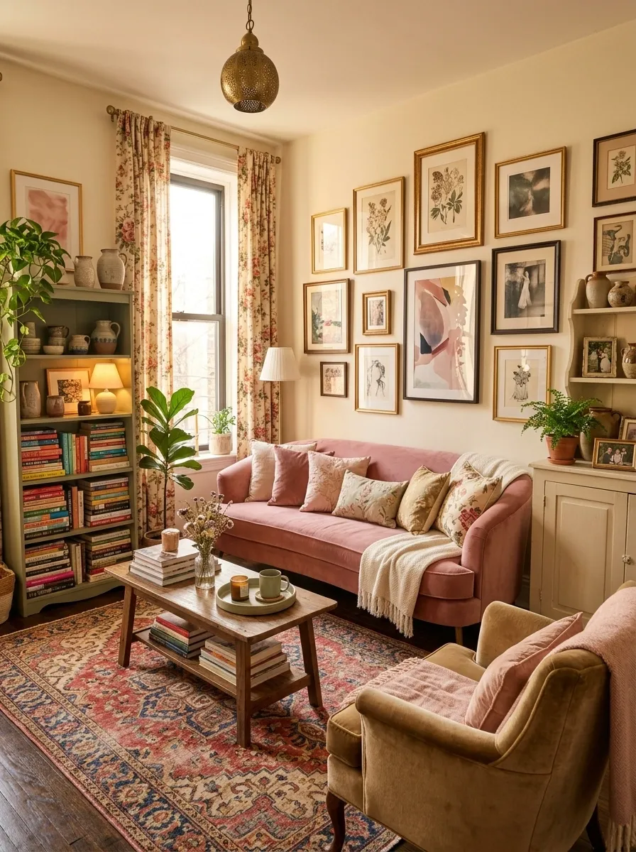 Soft Maximalist Apartment With Layered Patterns and Rose Upholstery
