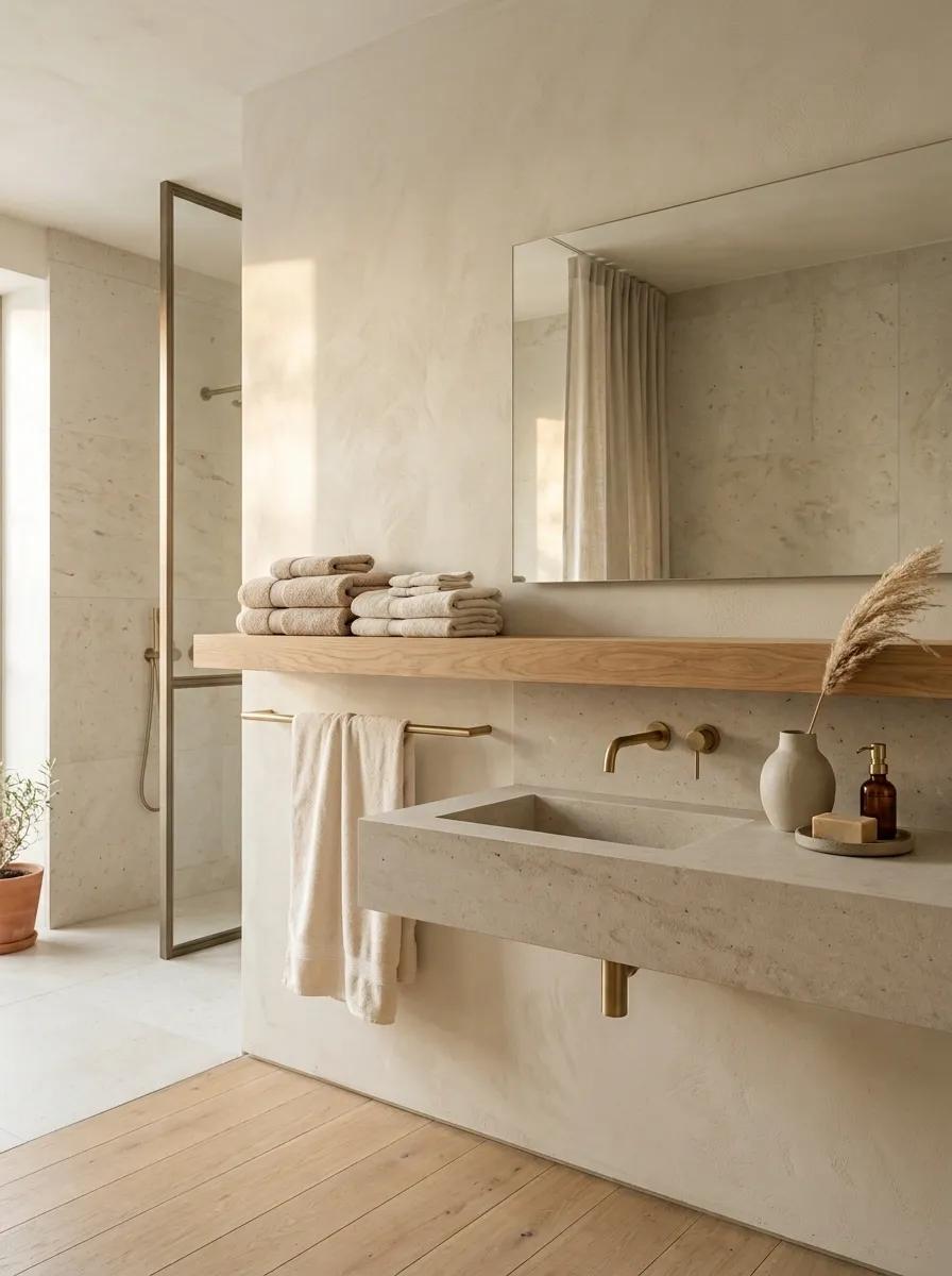 Soft Minimal Bathroom With Limestone and Floating Towel Storage