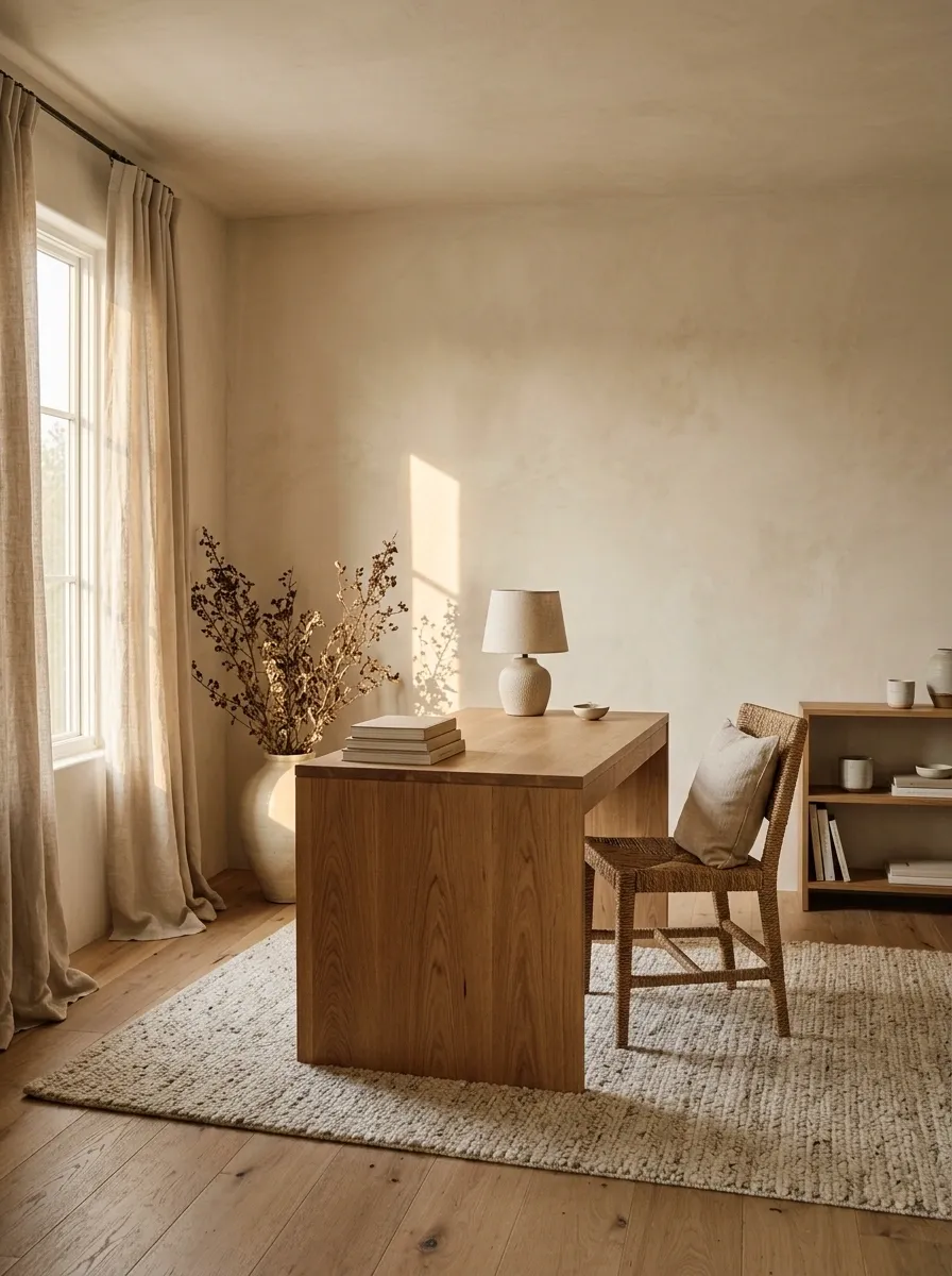 Soft Minimal Boho Office With Plaster Walls