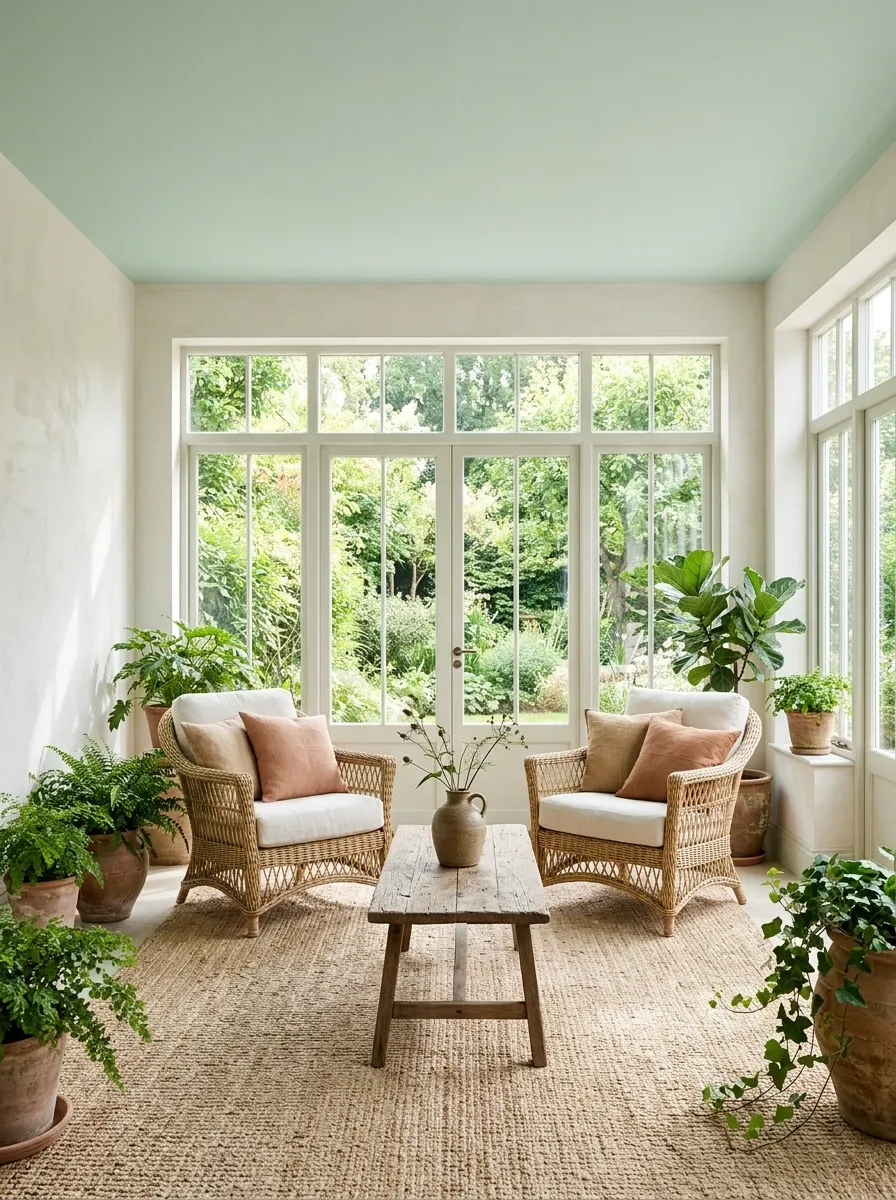 Soft Mint Ceiling in a Garden-Facing Sunroom