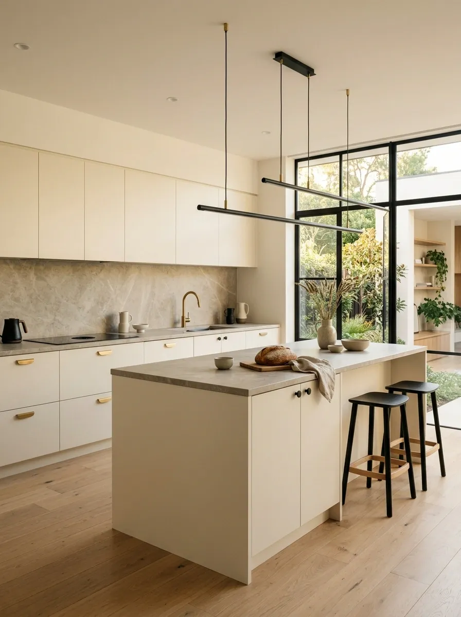 Soft Monochrome Kitchen With Greige Stone and Black Details