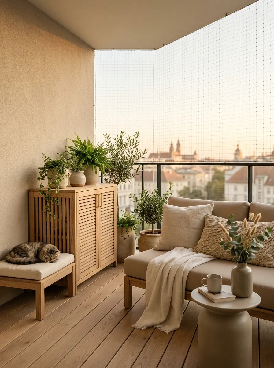 Soft Neutral Balcony With a Hidden Cat Utility Zone