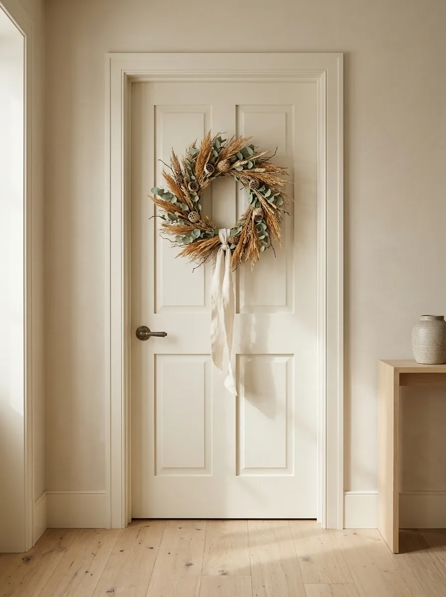 Soft Neutral Door With a Handmade Seasonal Wreath