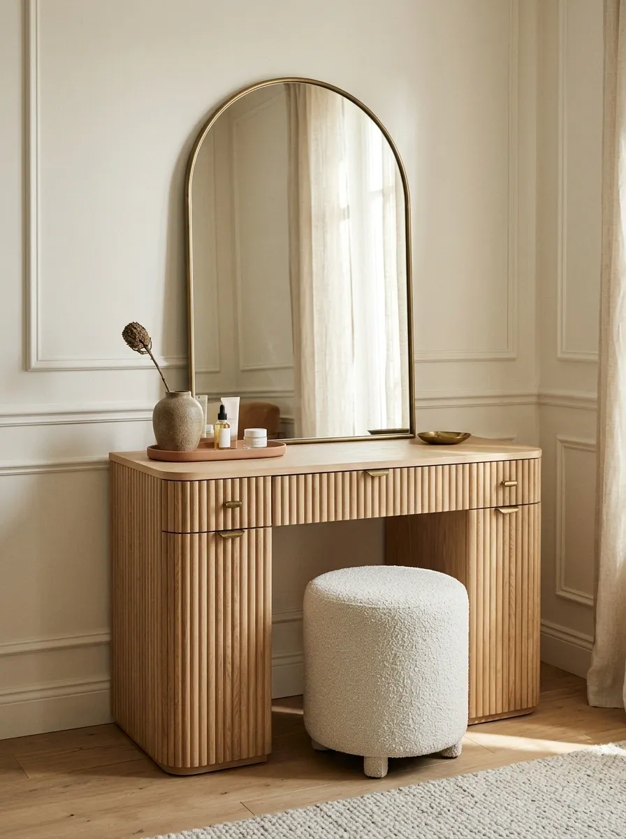 Soft Parisian Vanity With Fluted Oak and an Arched Mirror