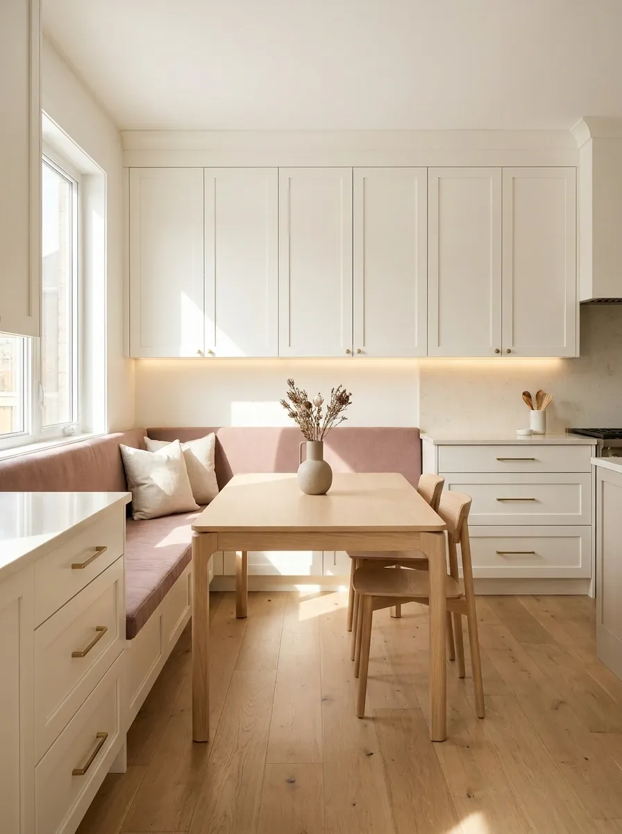 Soft Pink Banquette in a Light Contemporary Kitchen
