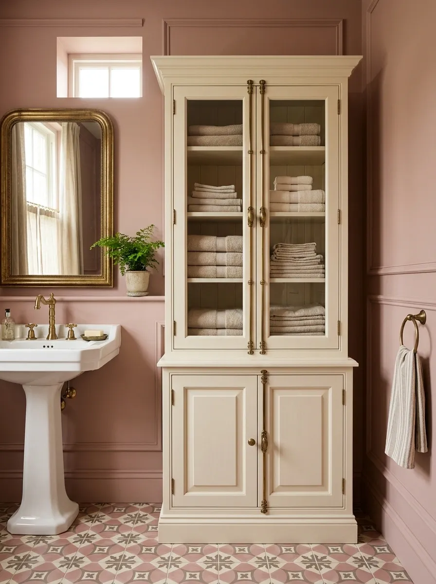 Soft Pink Bathroom With a Vintage Towel Cabinet