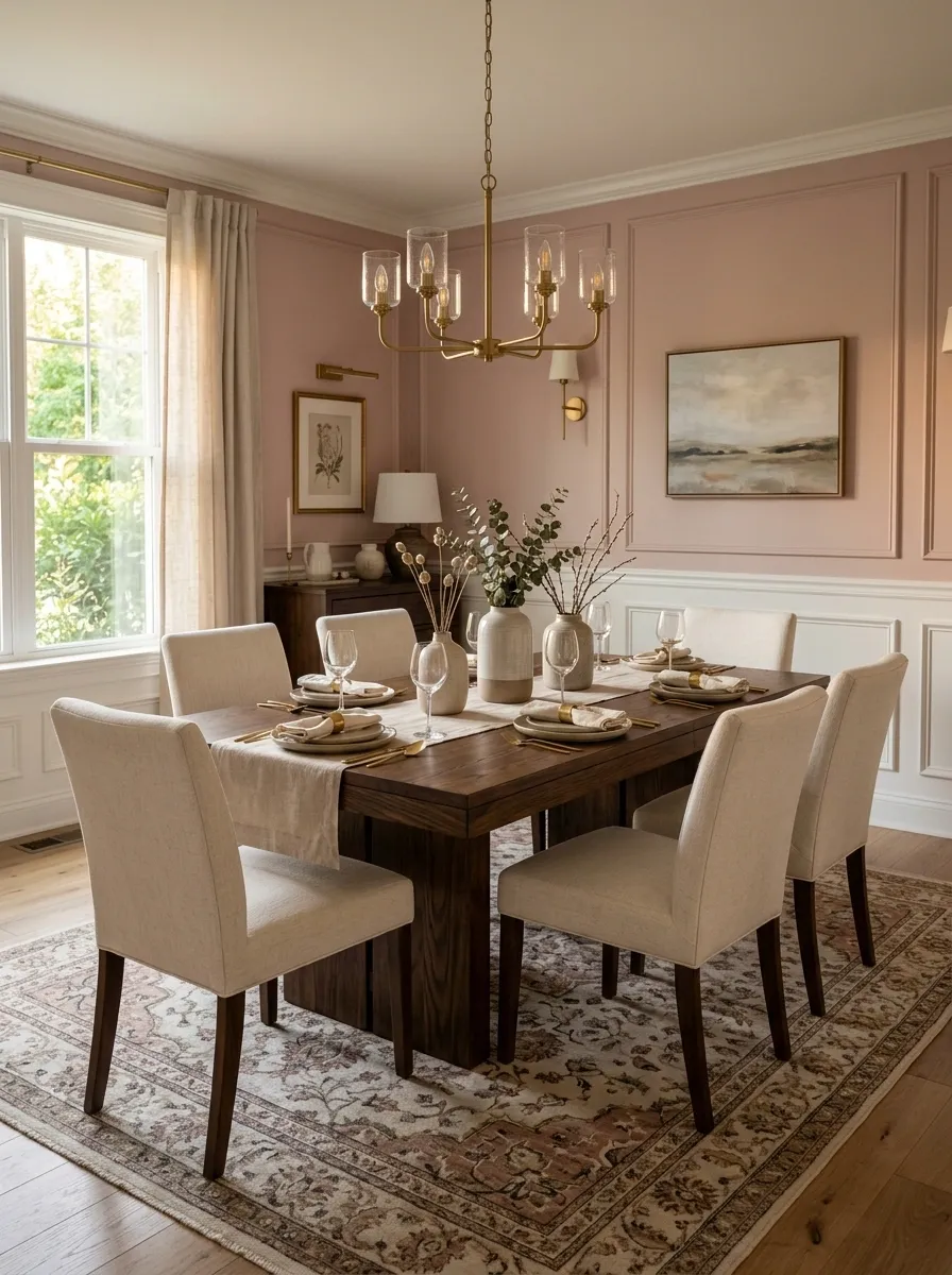 Soft Pink Dining Room With a Muted Floral Rug