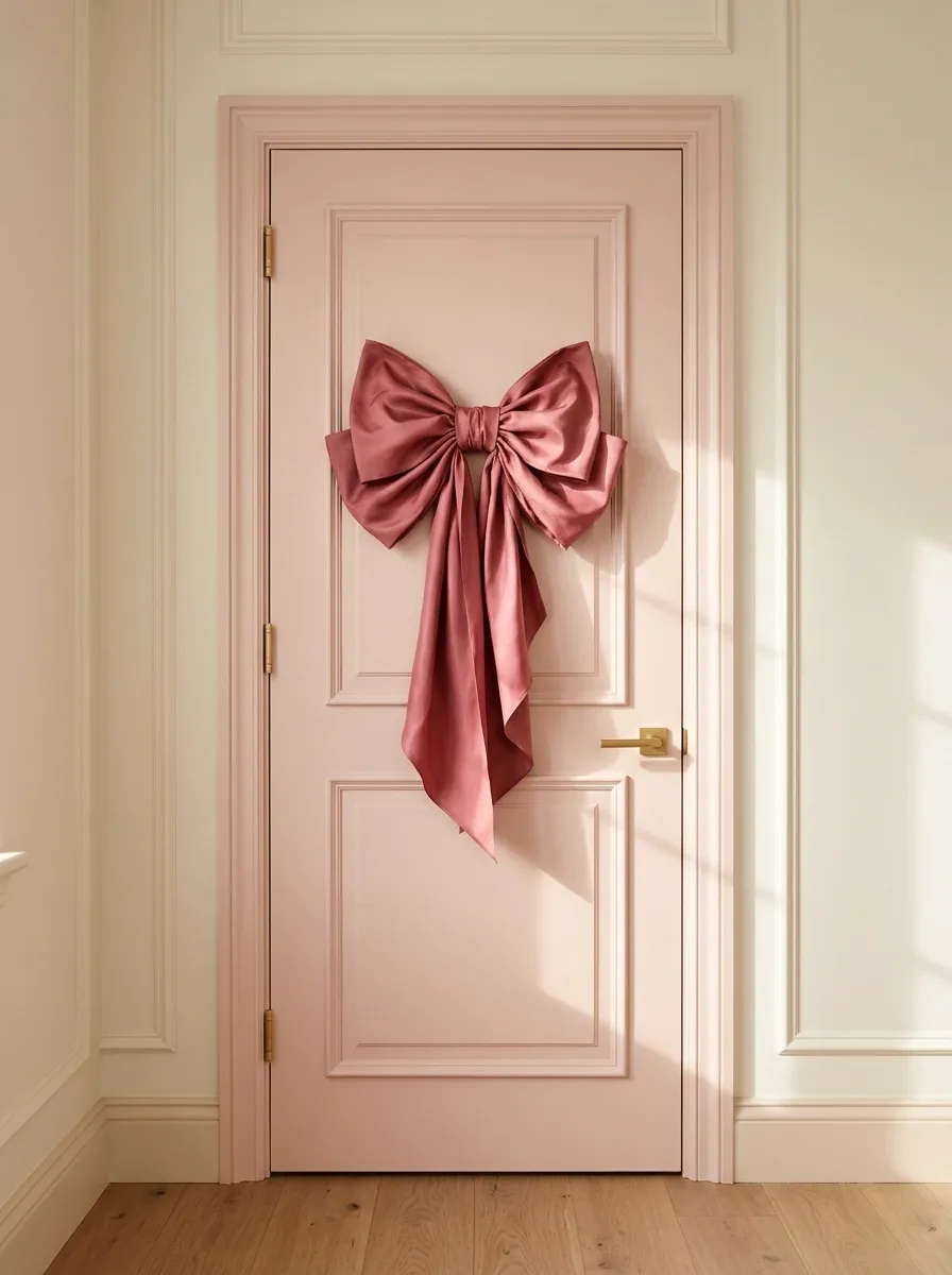 Soft Pink Door With a Sculptural Ribbon Bow