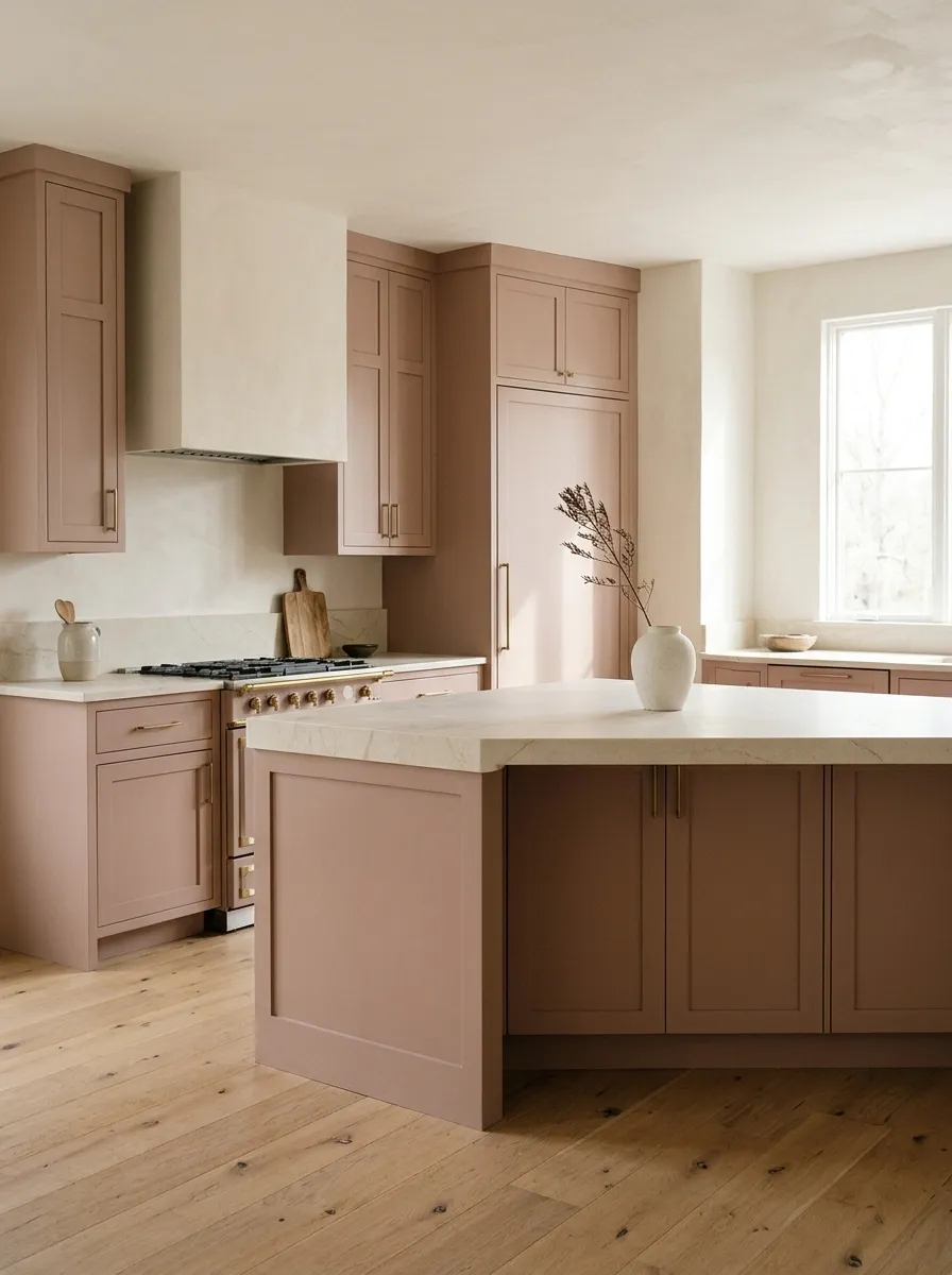 Soft Pink Kitchen With Cream Stone and Warm Wood