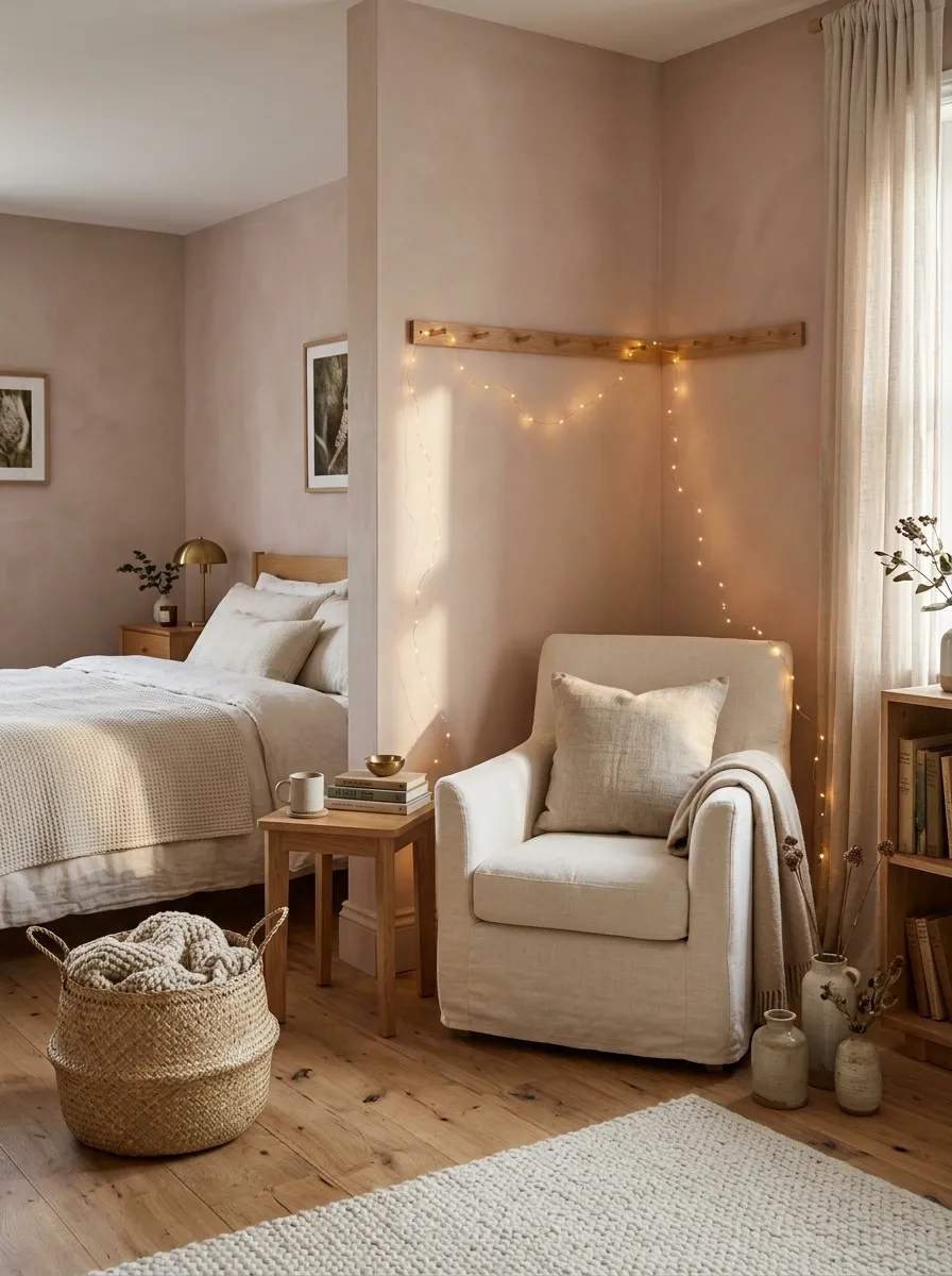Soft Pink Room With Natural Wood and Warm Light