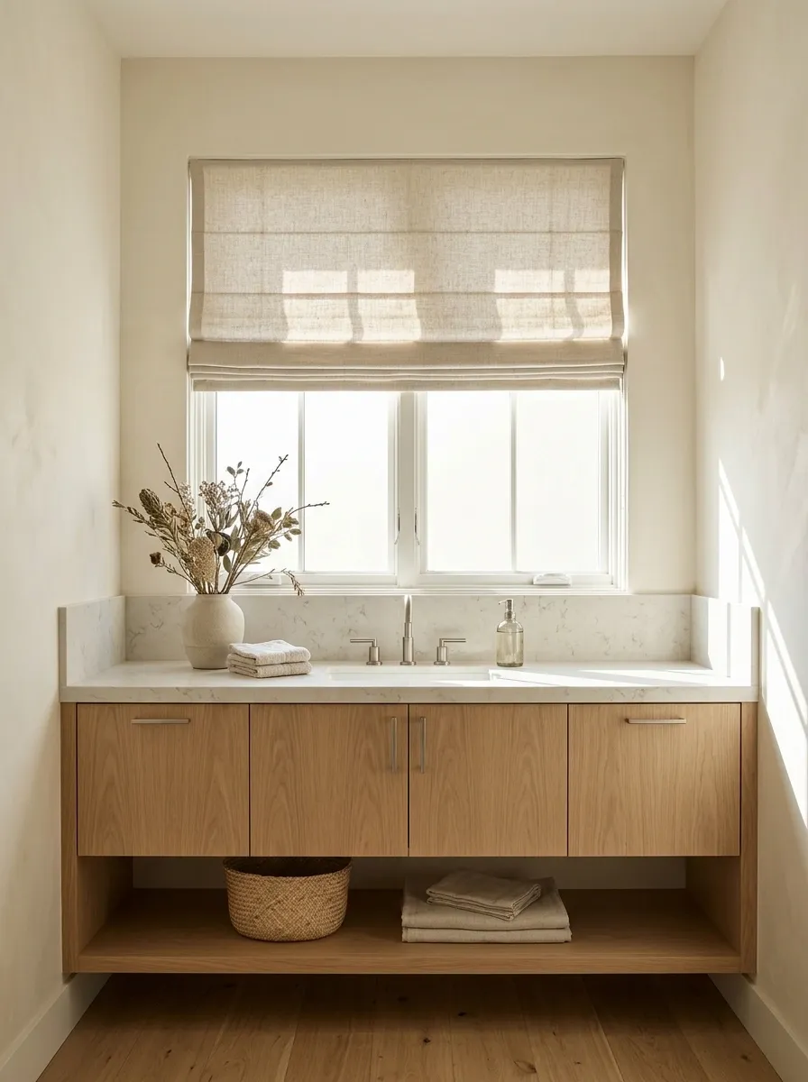 Soft Roman Shades in a Warm Neutral Bathroom