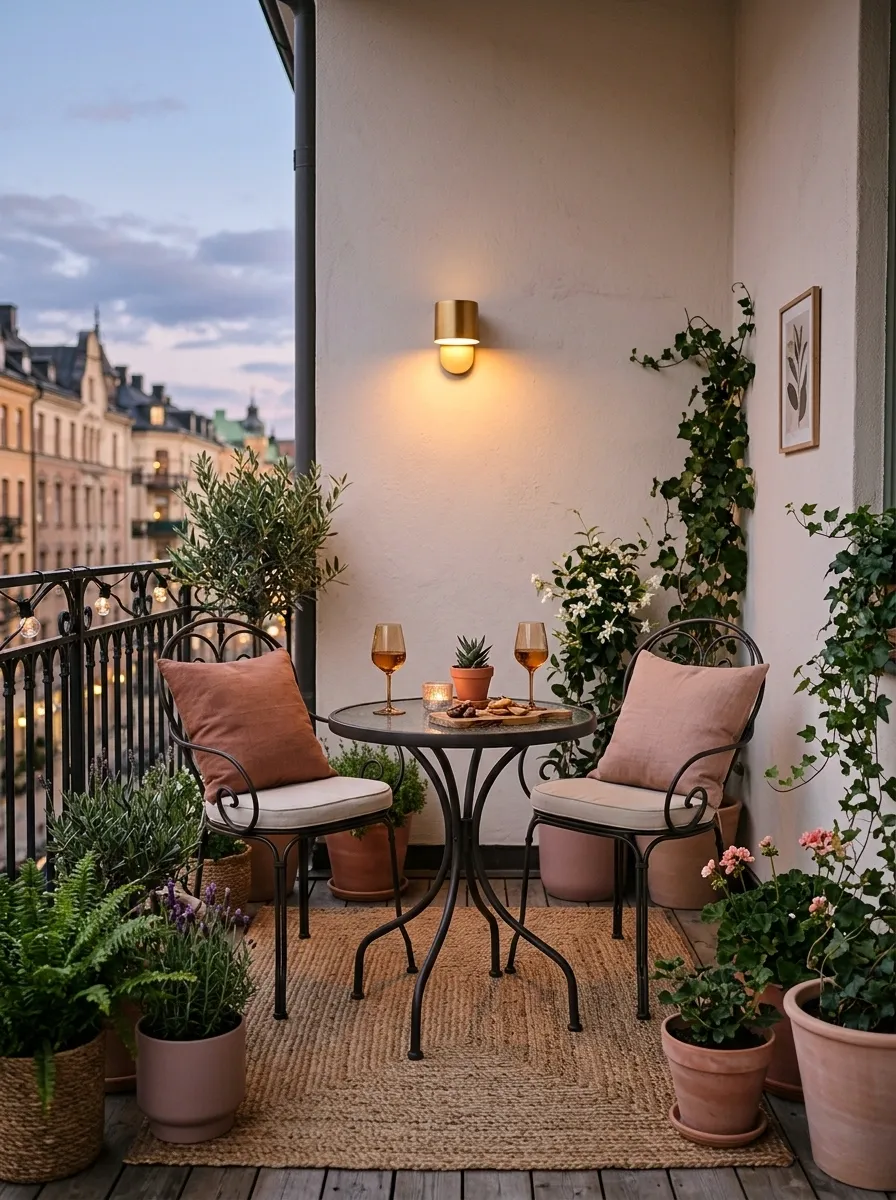 Soft Romantic Balcony With a Small Bistro Set and Warm Lighting
