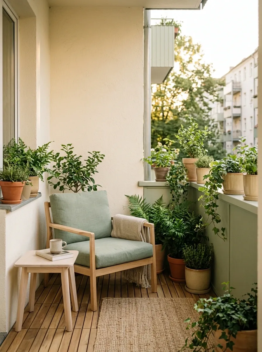 Soft Sage and Cream Balcony With Natural Wood
