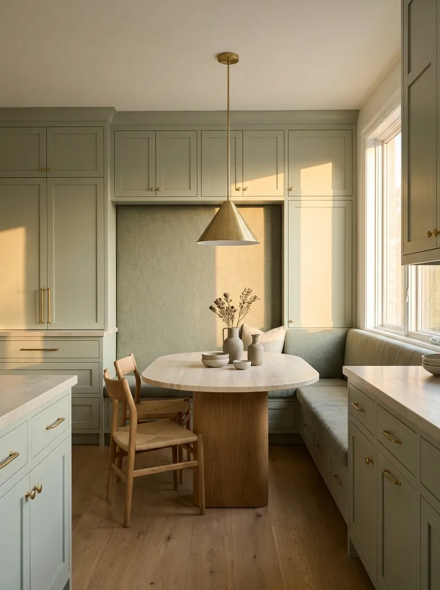 Soft Sage Banquette With Natural Stone and Oak