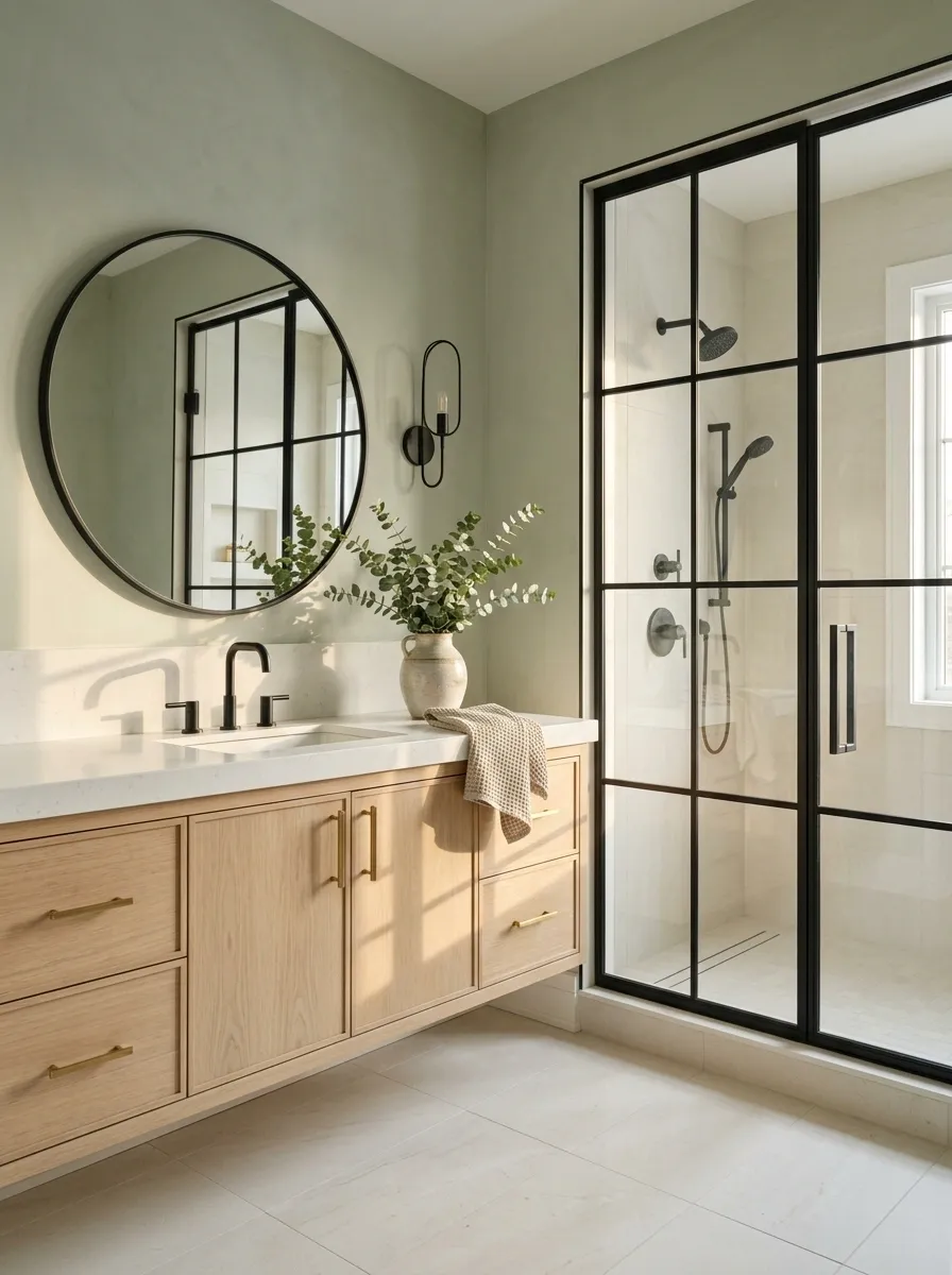 Soft Sage Bathroom With Black Steel Shower Framing