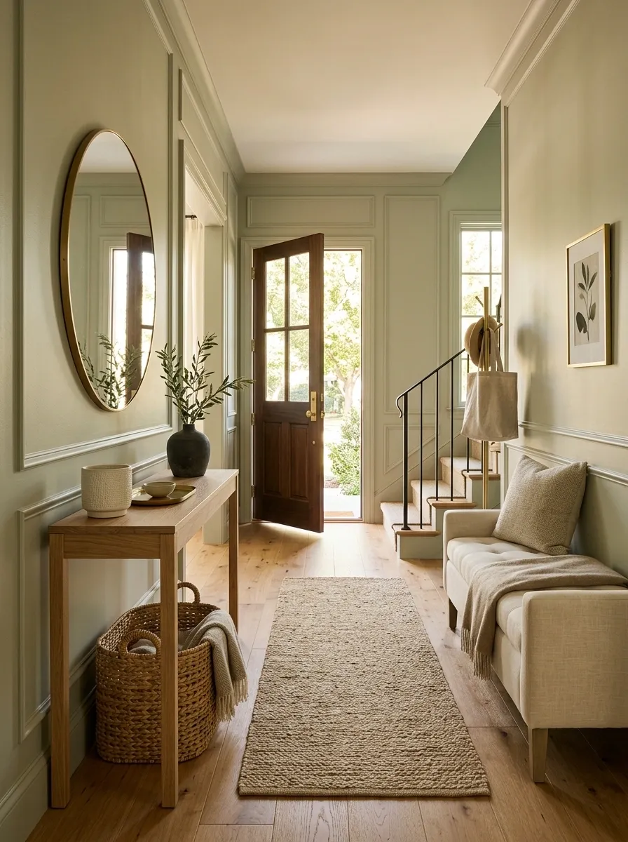 Soft Sage Entryway With Natural Oak and Cream Upholstery