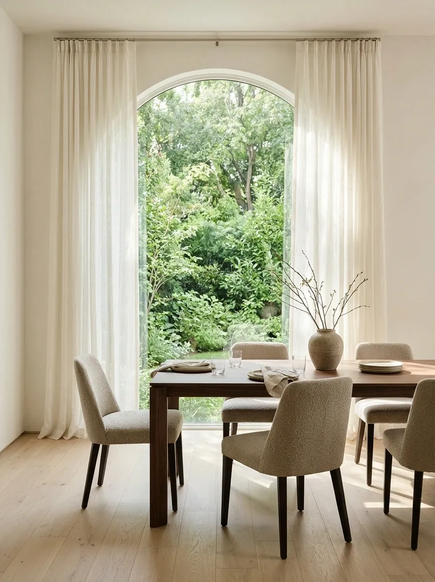 Soft Sheers Around a Garden-Facing Dining Arch