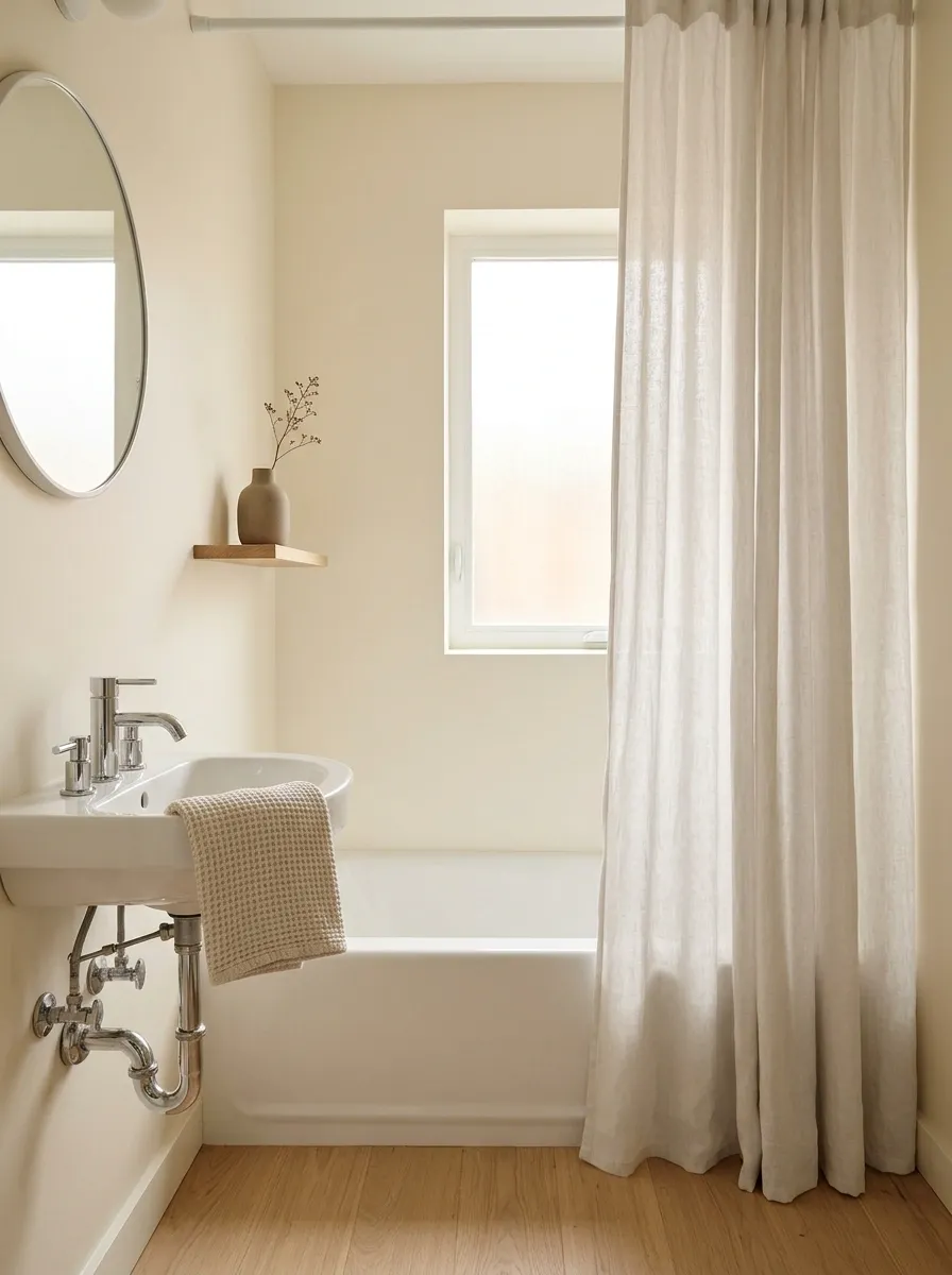 Soft Shower Curtain and Classic Bathtub in a Compact Apartment