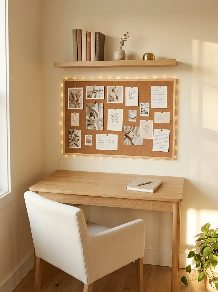 Soft Study Desk With a Lit Pinboard Wall