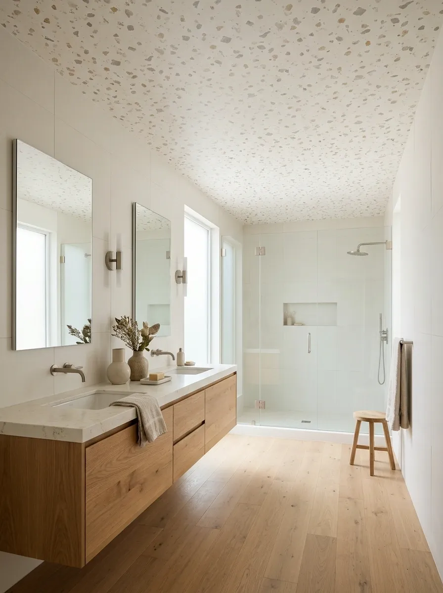 Soft Terrazzo-Inspired Ceiling in a Modern Bathroom