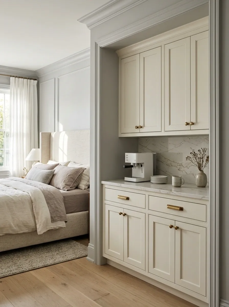Soft Traditional Bedroom With a Marble-Topped Beverage Cabinet