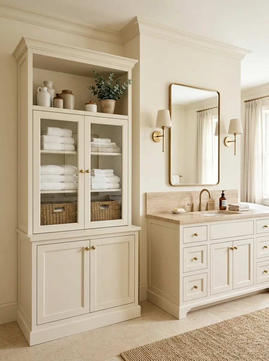 Soft Transitional Bathroom With a Furniture-Style Linen Hutch