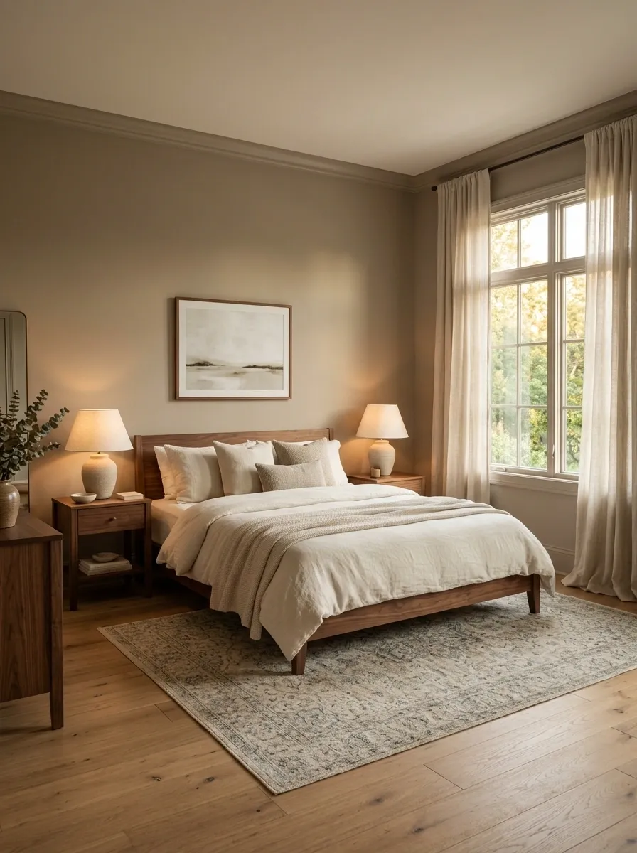 Soft Transitional Bedroom With Taupe Walls and Traditional Wood Furniture