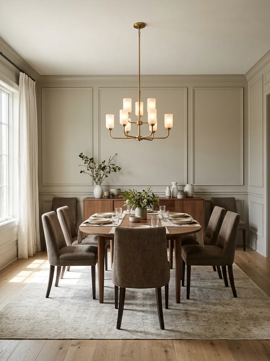 Soft Transitional Dining Room With Taupe Upholstery and Walnut