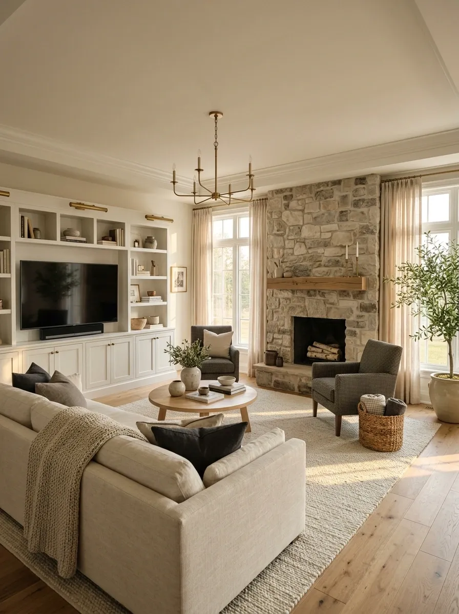 Soft Transitional Living Room With the TV and Fireplace on Adjacent Walls