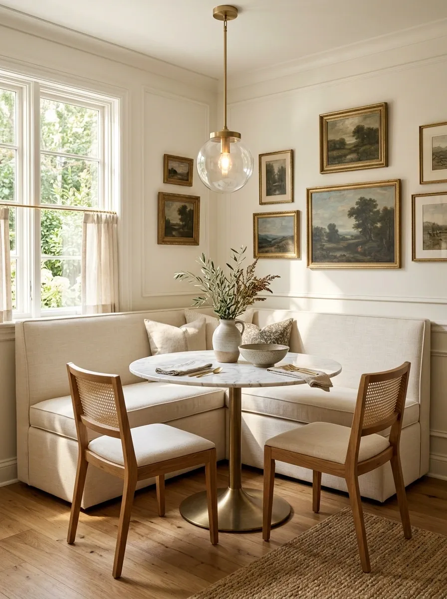 Soft Transitional Nook With Upholstered Bench and Marble Table