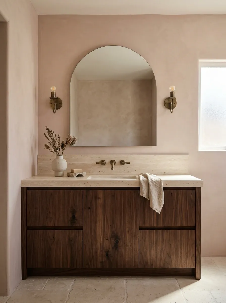 Soft Western Bathroom With Blush Clay, Walnut, and Brass