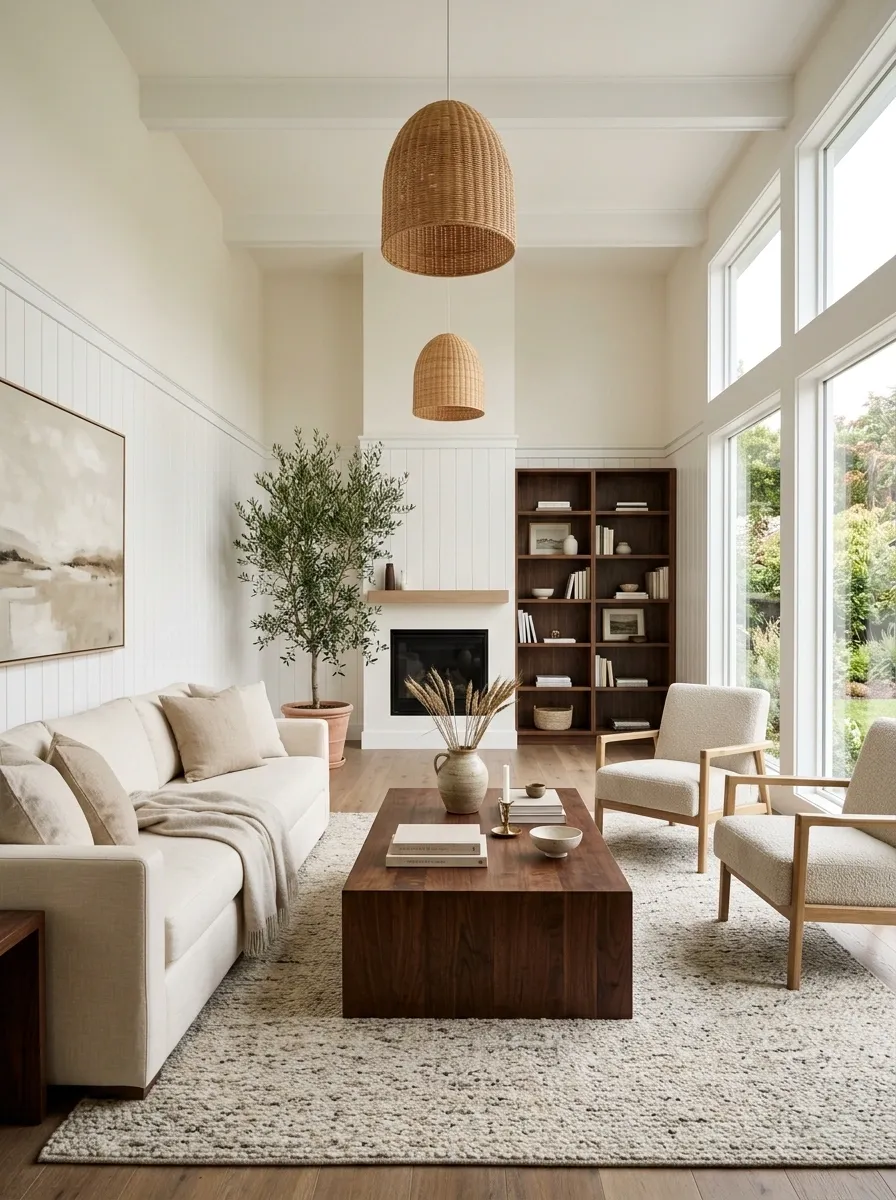 Soft White Beadboard With Walnut Furniture and Linen Upholstery