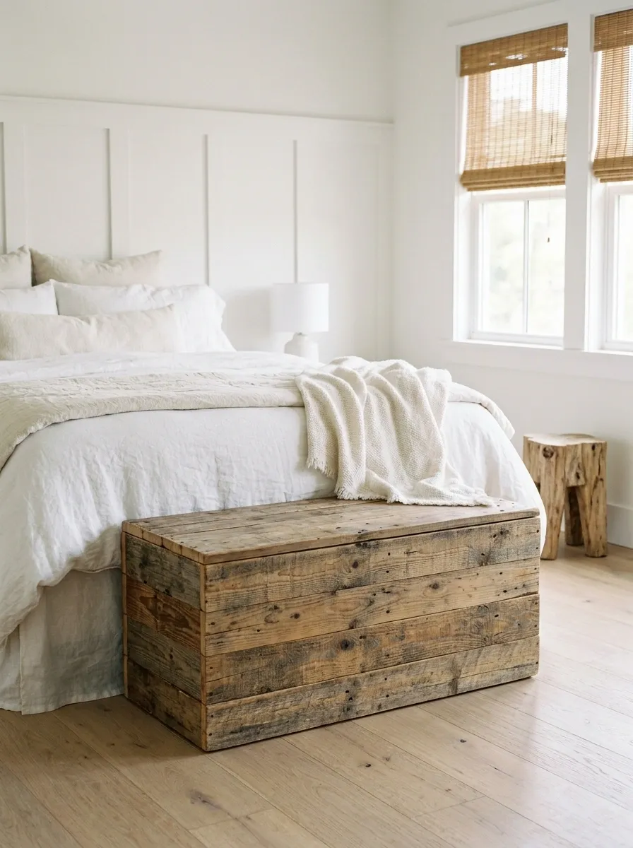 Soft White Bedroom With a Pallet-Wood Blanket Chest