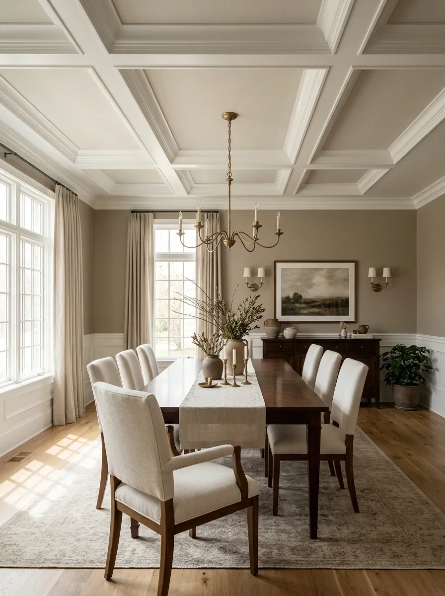 Soft White Coffered Ceiling in a Traditional Dining Room