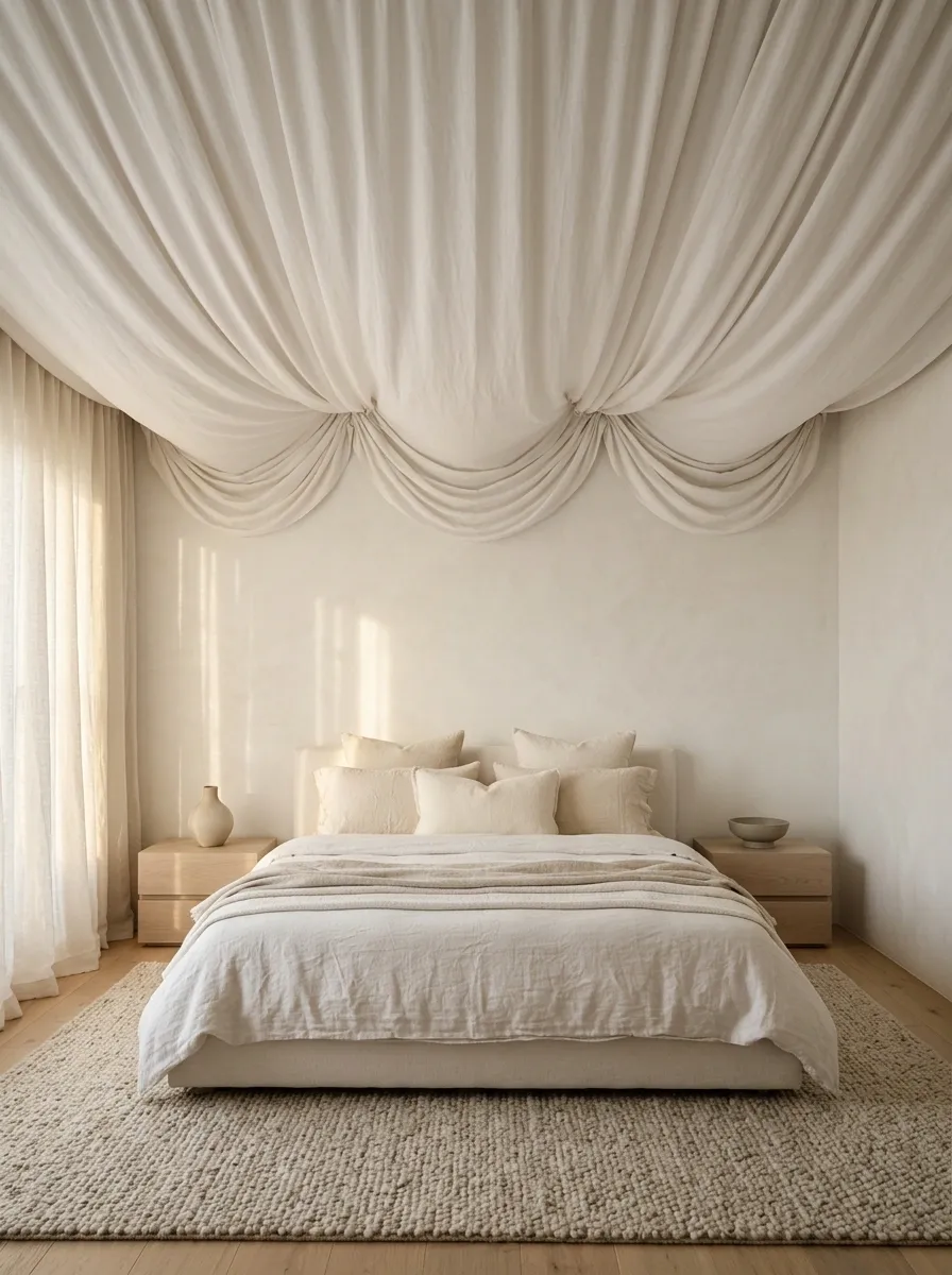 Soft White Fabric Ceiling in a Warm Neutral Bedroom