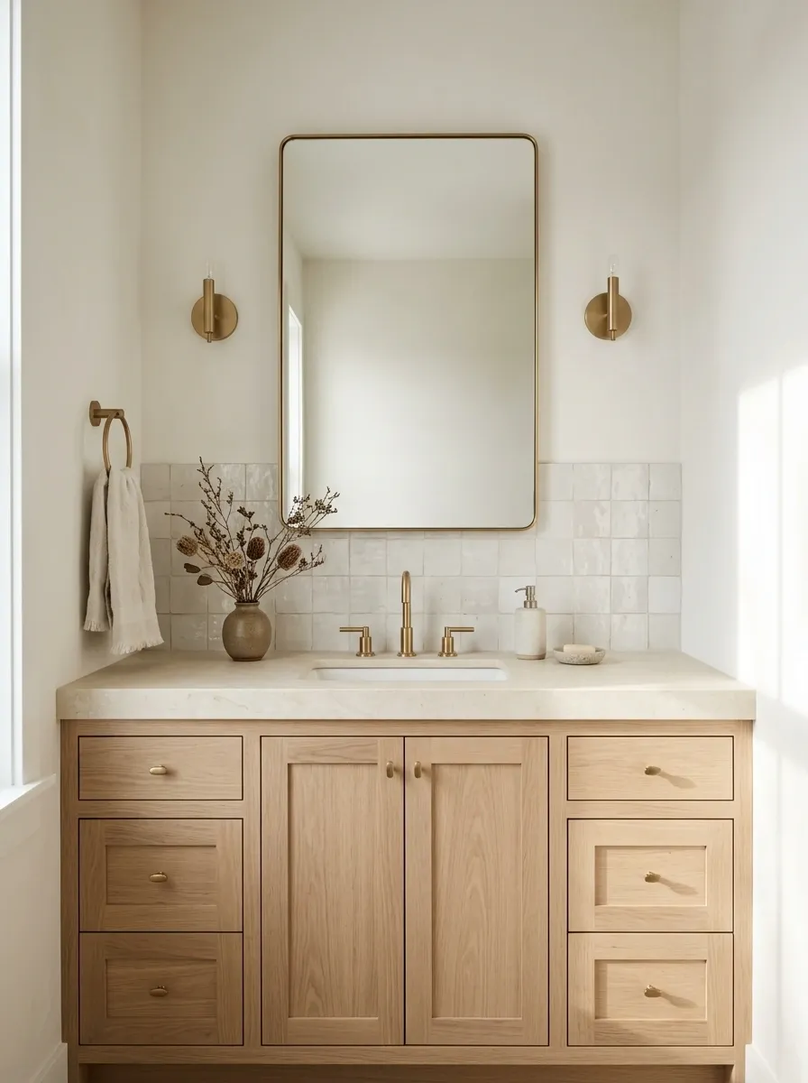 Soft White Farmhouse Bathroom With Layered Texture