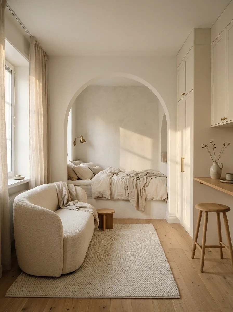 Soft White Studio With a Rounded Sleeping Niche