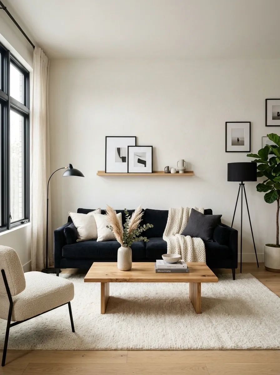 Soft White Walls, Ink Black Sofa, and Warm Oak