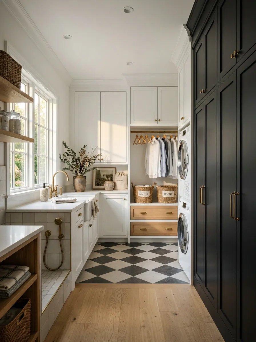 Sophisticated Black-and-White Laundry Room With a Full Utility Pantry Wall